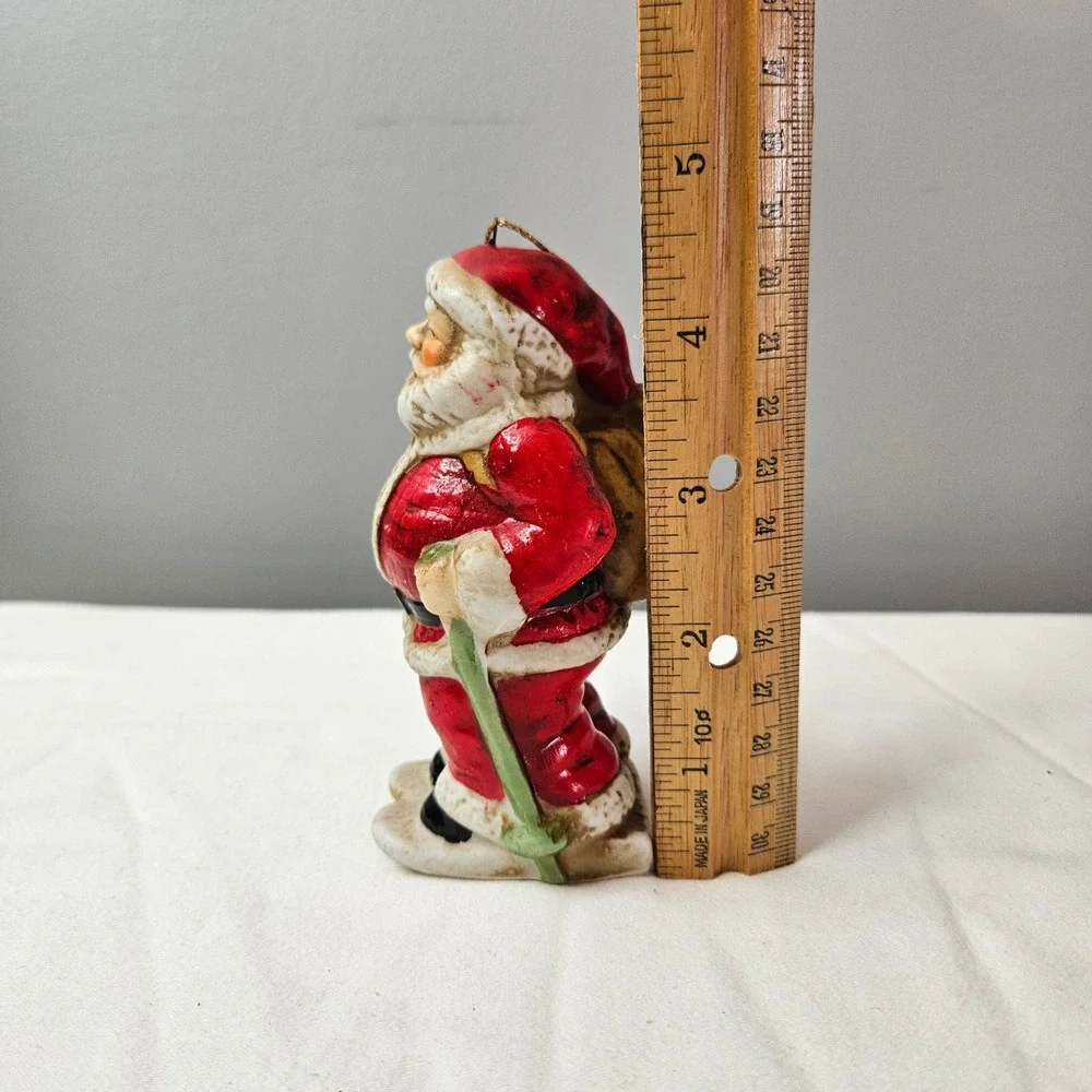 Vtg 1992‎ Santa Claus Ceramic Christmas Ornament Toy Sack Skies 4.5